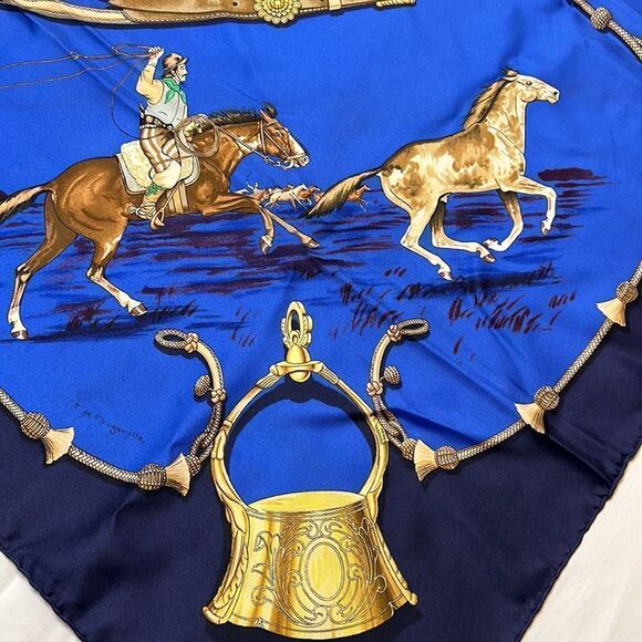 Vintage Hermes Pampa Scarf by Jean De Fougerolle Navy/Royal Blue Gold - Picture 4 of 10